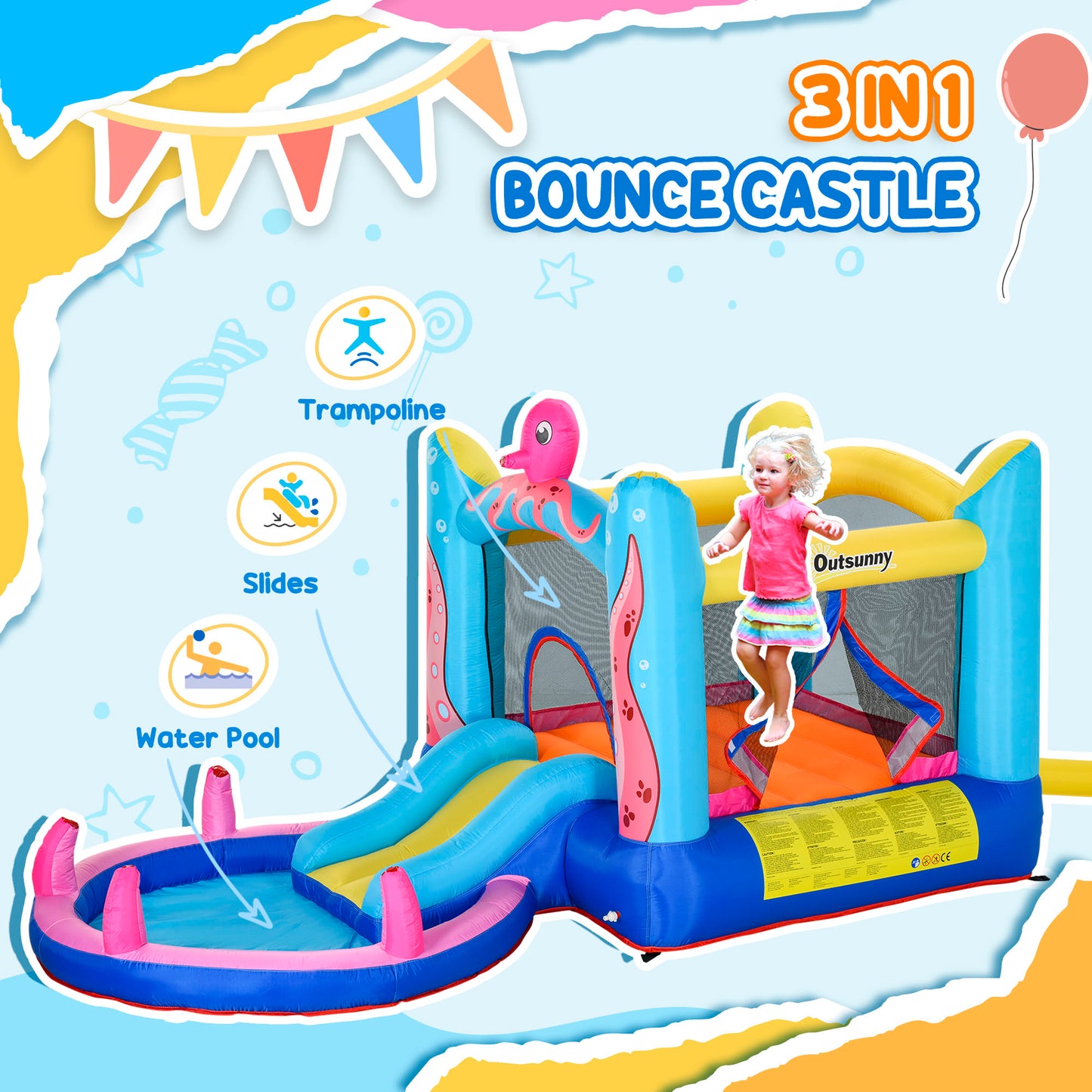 Bouncy Castle Slide Water Pool Trampoline, Blower 3.6 x 1.75 x 1.8m