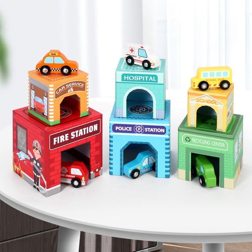 SOKA 12pcs Stacking and Sorting Cubes Wooden Balancing Buildings & Vehicles 12m+