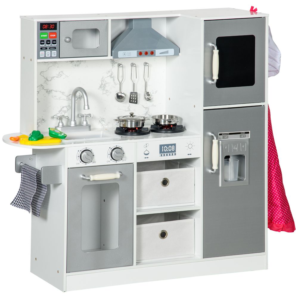 AIYAPLAY Toy Kitchen Playset with Lights, Sounds, Apron, Chef Hat - White