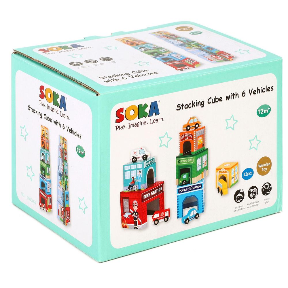 SOKA 12pcs Stacking and Sorting Cubes Wooden Balancing Buildings & Vehicles 12m+